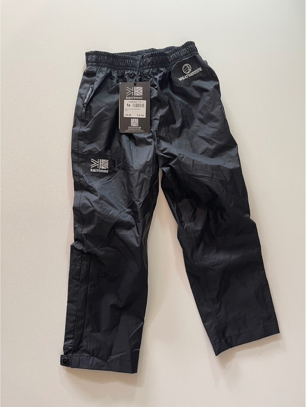Karrimor Kids Waterproof Black Rain Pants Size 3-4 Years New